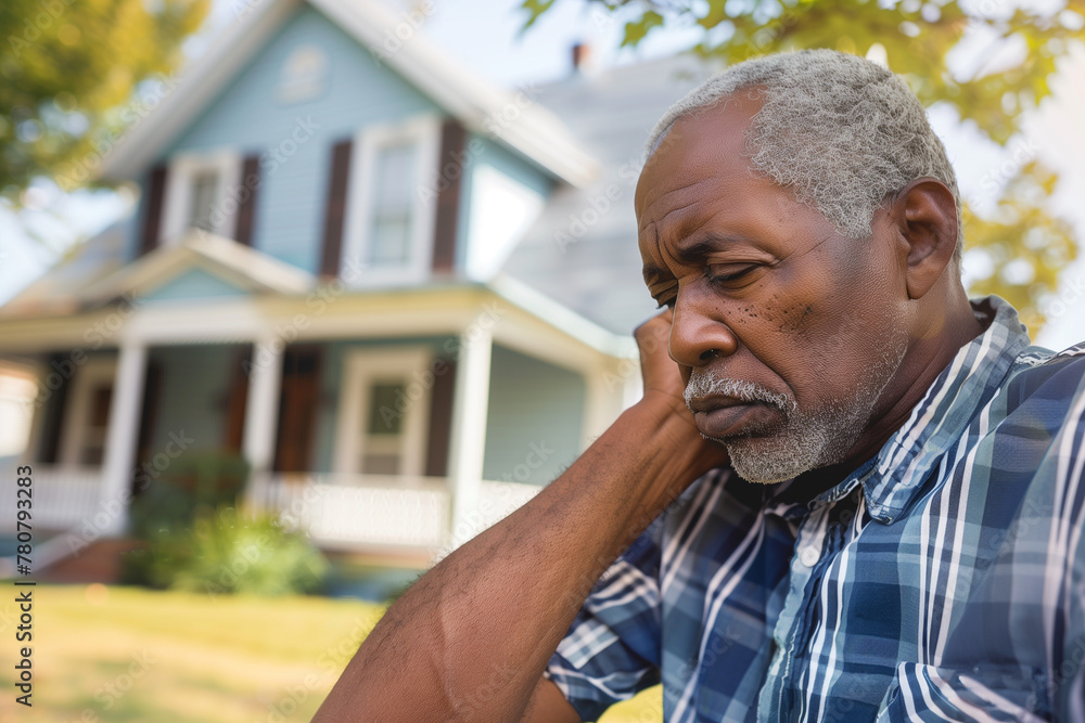 a sad person in front of a blue two-story house a sad person in front of a blue two-story house