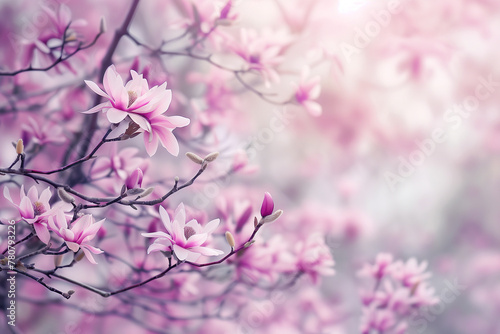 Ethereal beauty of pink magnolia blossoms on tree branches  illuminated by soft sunlight  creating a dreamy atmosphere
