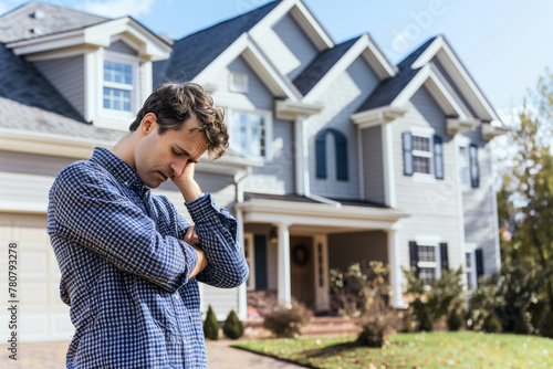 A sad man standing in front of a large, well-maintained house