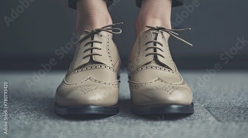 A close-up of a businesswoman's beige shoes against a gray background, signifying strength and sophistication in business.