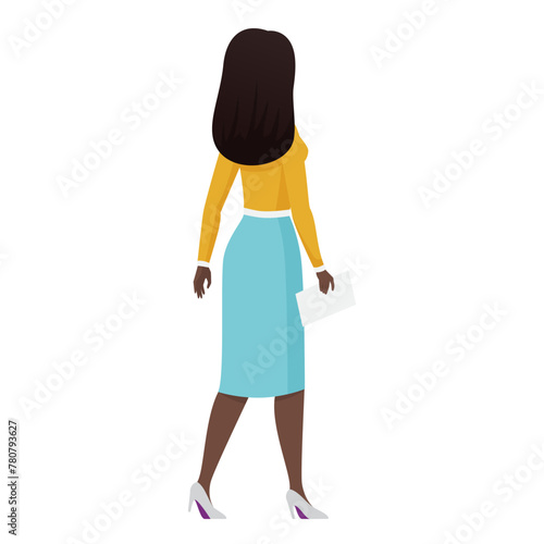 Back view of young female teacher, entrepreneur in formal outfit walking vector illustration © lembergvector