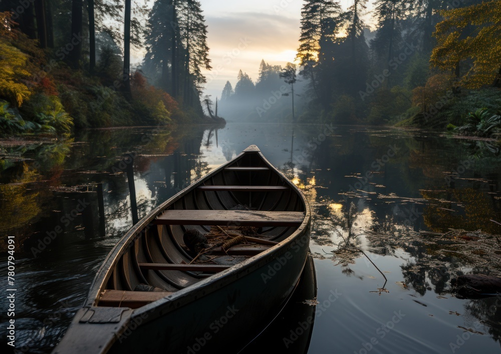 A canoe sits placidly on a serene lake, undisturbed by any movement A canoe sits placidly on a serene lake, undisturbed by any movement