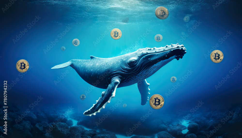 Blue ocean depths showcase Bitcoin currency with a majestic whale, symbolizing digital finance Blue ocean depths showcase Bitcoin currency with a majestic whale, symbolizing digital finance