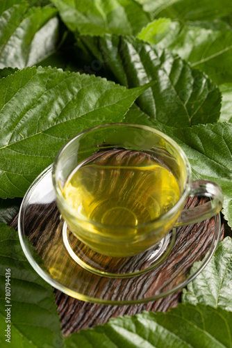 Mulberry Tea. Glass cup of mulberry leaf tea. © WS Studio