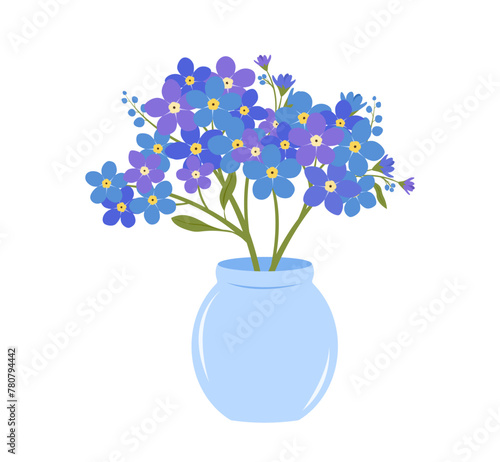 Cute vector illustration of a light blue vase with a bouquet of forget-me-nots in flat style on a white background