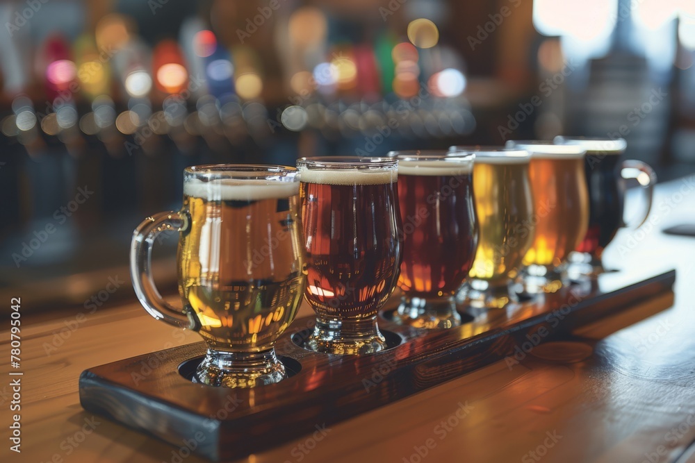 A flight of craft beer glasses on wooden bar, with different blonde beers in small glass mugs
