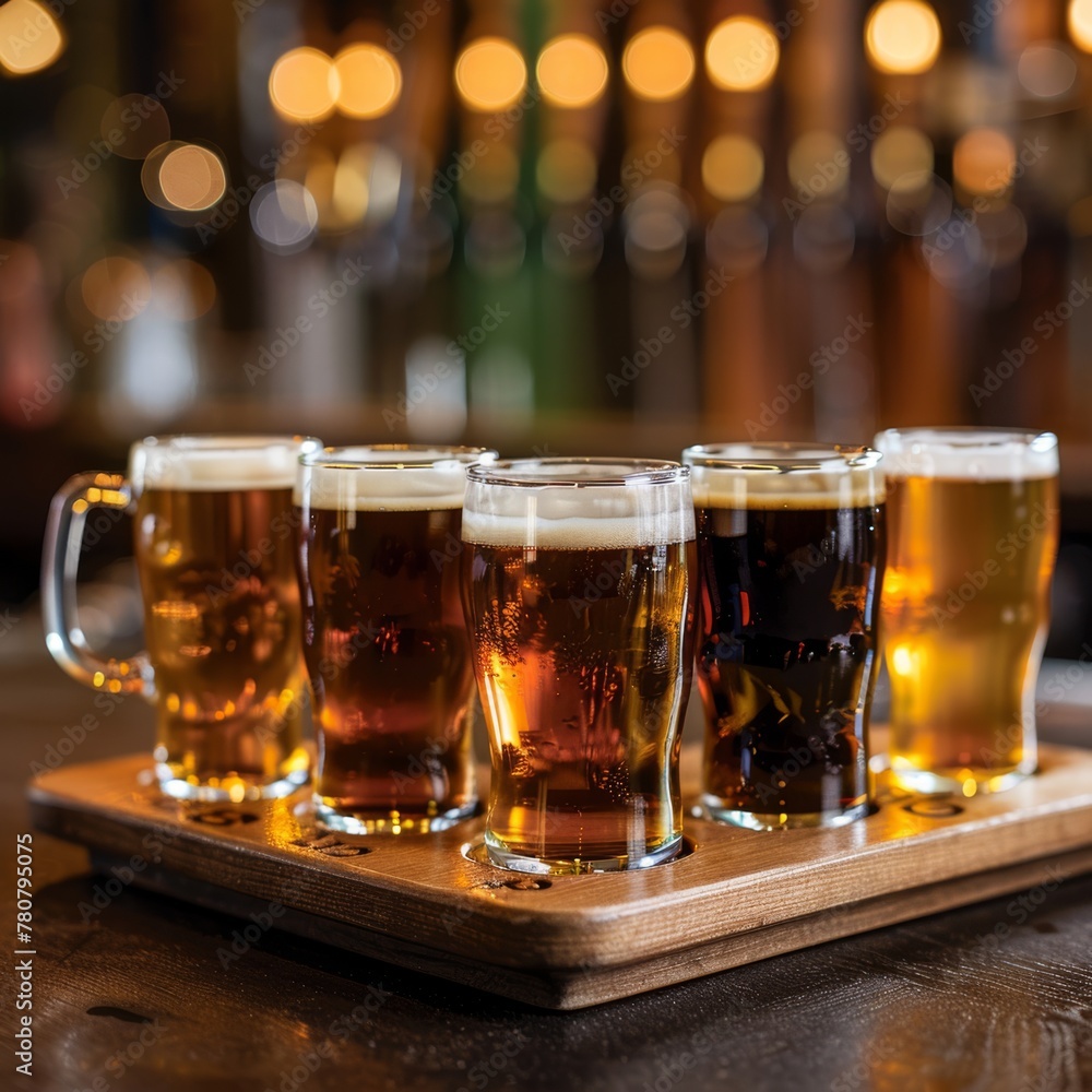 A flight of craft beer glasses on wooden bar, with different blonde beers in small glass mugs
A flight of craft beer glasses on wooden bar, with different blonde beers in small glass mugs