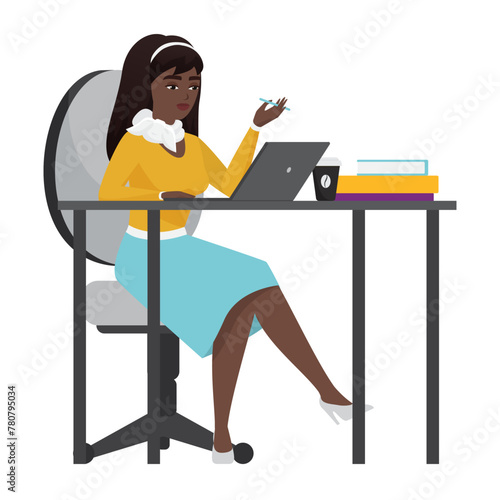 Business lady sitting at desk on chair, woman working with laptop vector illustration © lembergvector