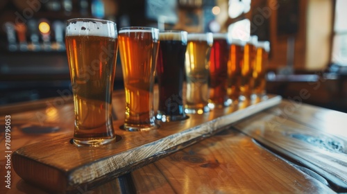 A flight of craft beer glasses on wooden bar, with different blonde beers in small glass mugs 