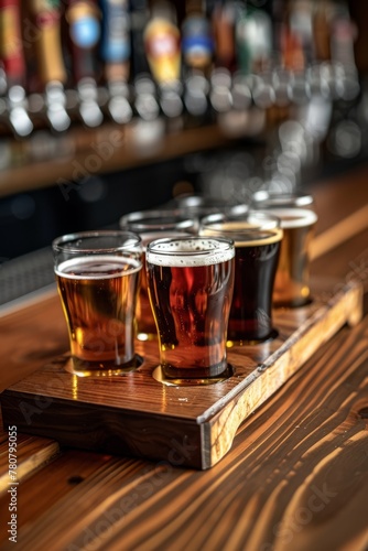 A flight of craft beer glasses on wooden bar, with different blonde beers in small glass mugs 