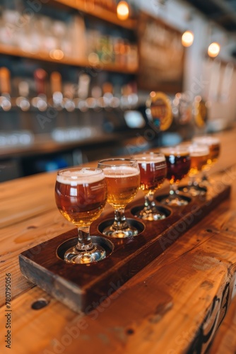 A flight of craft beer glasses on wooden bar, with different blonde beers in small glass mugs
