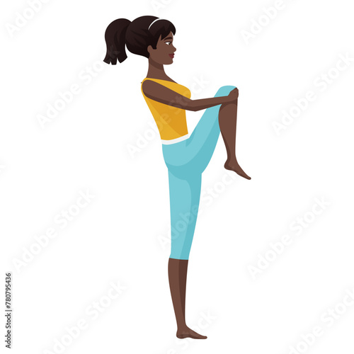 Girl doing gymnastic exercise standing on one leg, young woman sports training vector illustration © lembergvector