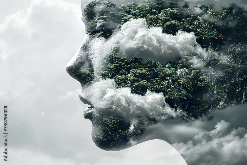 Creative double exposure portrait of attractive woman with beautiful landscape. International Mother Earth Day. Environmental problems and protection. Caring for nature - obrazy, fototapety, plakaty 