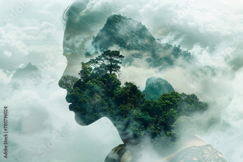Creative double exposure portrait of attractive woman with beautiful landscape. International Mother Earth Day. Environmental problems and protection. Caring for nature photo
