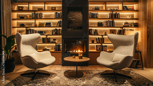 Scandinavian living room with bio-ethanol fireplace, bookcases, wing chairs, and cove lighting photo