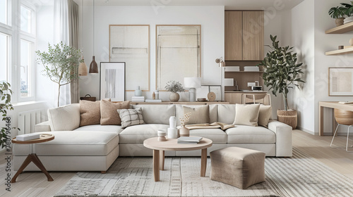 Luxurious Scandinavian Living Room Showcasing a Monochromatic White Color Scheme  High-End Minimalist Furniture  Abstract Ceramic Sculptures  and Potted Snake Plants 