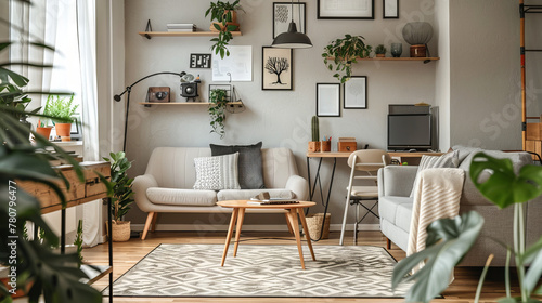 Luxurious Scandinavian Living Room Showcasing a Monochromatic White Color Scheme, High-End Minimalist Furniture, Abstract Ceramic Sculptures, and Potted Snake Plants 