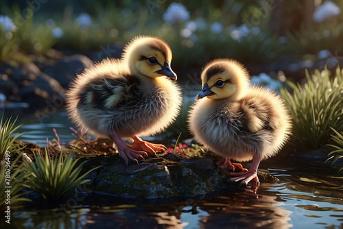 Newborn ducklings outdoors at sunset