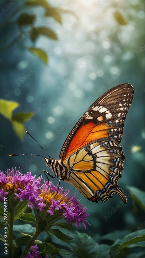 Fototapeta premium Vibrant butterfly, with wings displaying mix of orange, black, white patterns, perches delicately on purple flowers. Sunlight filters through green leaves in background.