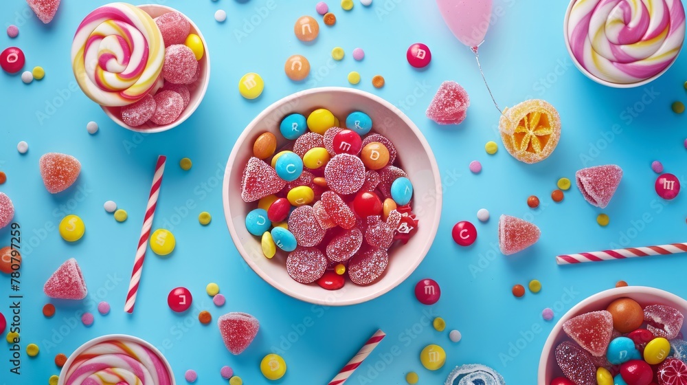 The concept of National Candy Day, top view. Copy space area for text. Background, banner, template. The concept of National Candy Day, top view. Copy space area for text. Background, banner, template.