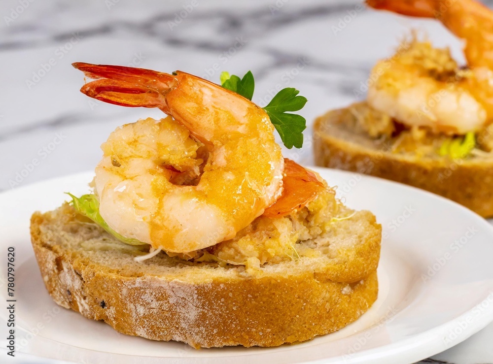 Shrimp on toast. Mediterranean Cuisine. Shrimp on toast. Mediterranean Cuisine.