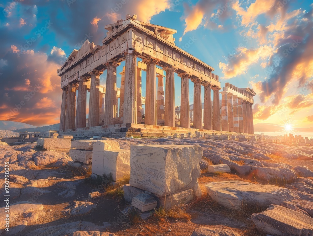 Obraz premium Ancient Greek Parthenon ruins under the captivating hues of a sunset, crowning the Acropolis of Athens with timeless grace