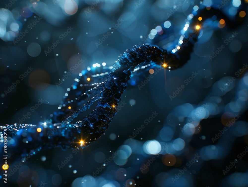 Close-up on double-stranded DNA molecules in a dark setting, showcasing the intricate details visible under lab microscopes, pivotal for health care and biotechnology fields Close-up on double-stranded DNA molecules in a dark setting, showcasing the intricate details visible under lab microscopes, pivotal for health care and biotechnology fields
