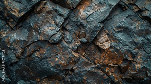 Dark brown rock texture, intricate patterns on a rough mountain surface with visible cracks, ideal for design space photo