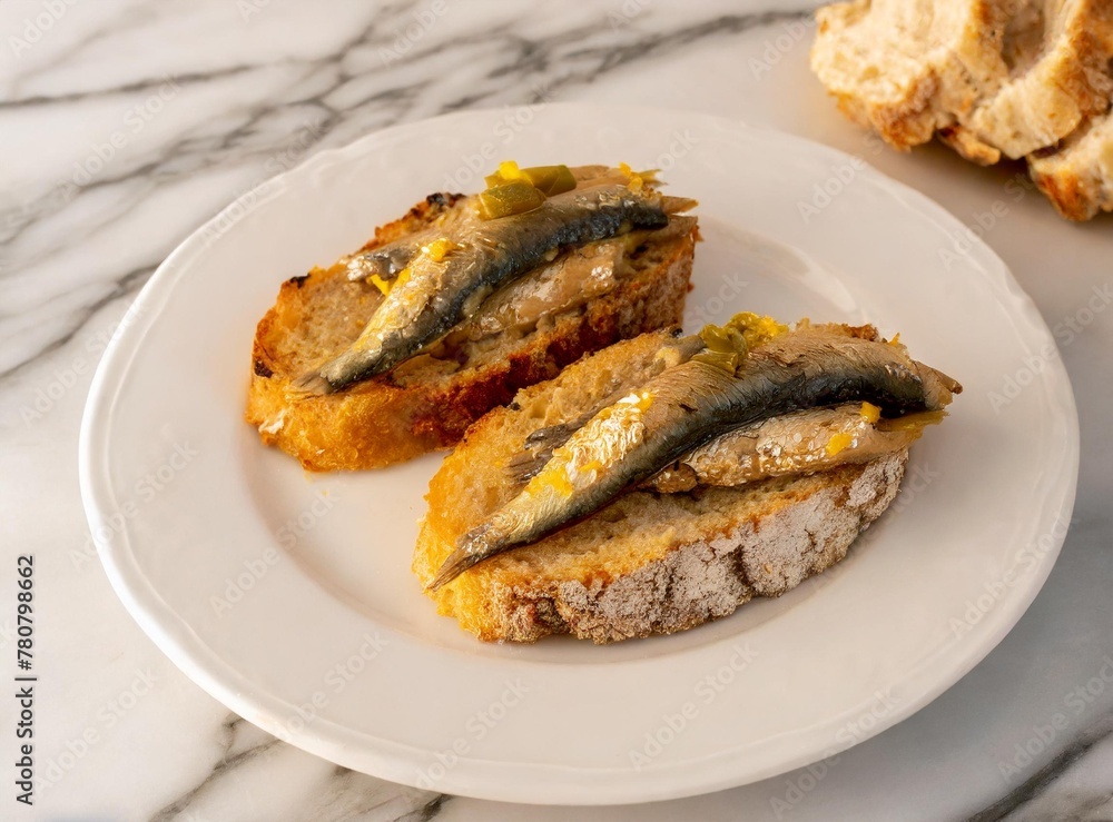 Bread toast with sardines. Tasty Mediterranean snack.