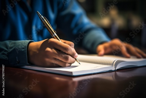 Close-up of a person's hands writing in a notebook with a pen, illuminated by warm light on a dark background, emphasizing focus and concentration.