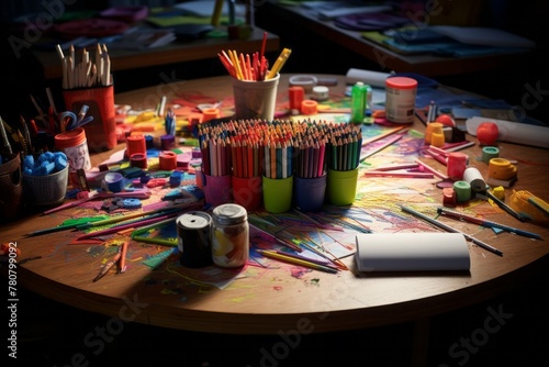 Creative artist's workspace with scattered colored pencils, paintbrushes, and open paint containers on a messy table illuminated by warm light.