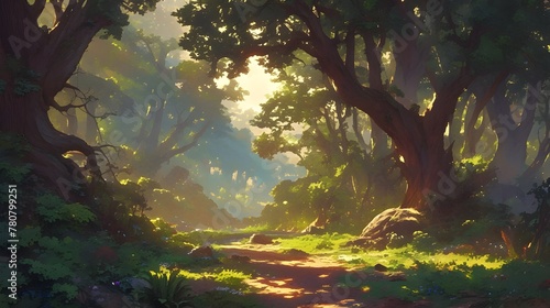 Serene and Enchanting Woodland Path in Lush Verdant Forest Bathed in Soft Ethereal Sunlight