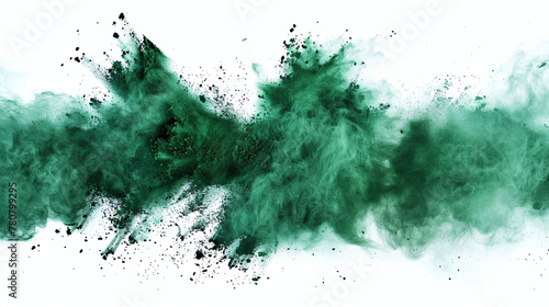 abstract powder splatted background. Freeze motion of green powder exploding/throwing green. Abstract emerald dust explosion on white background. photo