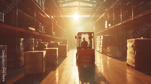 Worker driver at warehouse forklift loader