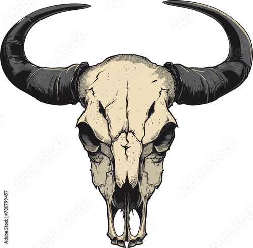Animal wild skull bone line art vector silhouette. Buffalo skull. Wild west print. Sketch Hand drawn vector illustration, isolated on white.