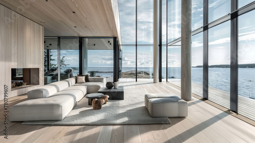 Luxurious Scandinavian Living Room with Breathtaking Ocean View, Floor-to-Ceiling Glass Walls, Light Wood Floors, and Minimalist Decor  © Supawit
