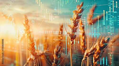 Double exposure of wheat ears, seeds, and financial graphs symbolizing the intersection of agriculture and economy, ideal for investors and agricultural stakeholders.