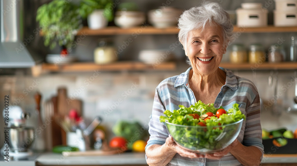 Aged woman smiling happily and holding a healthy vegetable salad bowl on blurred kitchen background. with copy space.