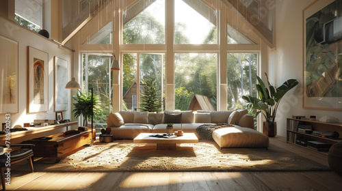 Luxurious Scandinavian Living Room with Cathedral Ceiling, Expansive Windows, Cozy Reading Corner, and Stylish Accents 