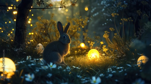 A rabbit is perched in the natural landscape of grass, beside an Easter egg. The scene combines elements of plant life and a festive event AIG42E