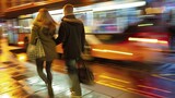 Motion-blurred scene of a couple running after a bus, capturing the frantic rush and urgency of urban commuting. Perfect for transportation services and city dwellers.