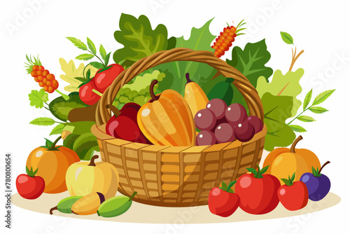 Free vector ripe fruits and vegetables  falling in traditional wicker basket with handle realistic composition with pear  white plain background
