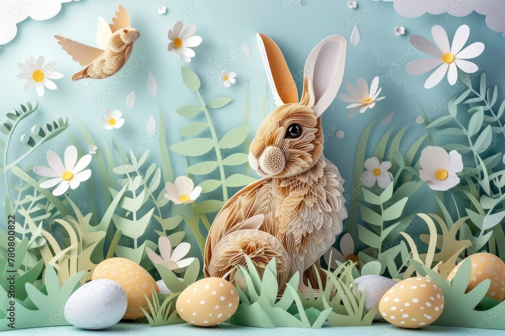 A textile Easter bunny with a paper cut design, surrounded by eggs and flowers on a background. This artistic piece showcases the beauty of rabbits and hares, perfect for the spring event AIG42E