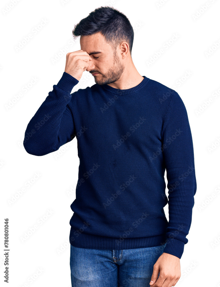 Young handsome man wearing casual clothes tired rubbing nose and eyes feeling fatigue and headache. stress and frustration concept. Young handsome man wearing casual clothes tired rubbing nose and eyes feeling fatigue and headache. stress and frustration concept.