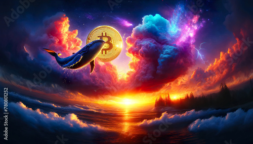 Whale and Bitcoin against a backdrop of tempestuous clouds, illustrating the dynamic world of finance