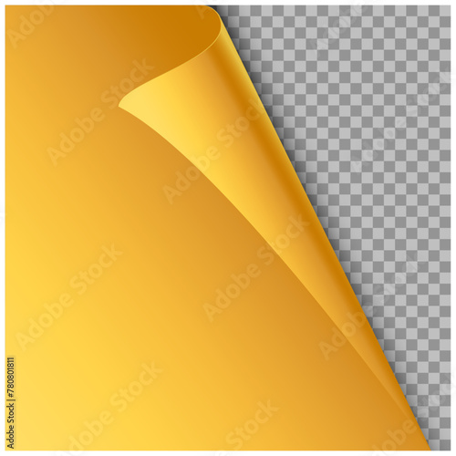 Golden paper with flipped corner on transparent background. Vector illustration.