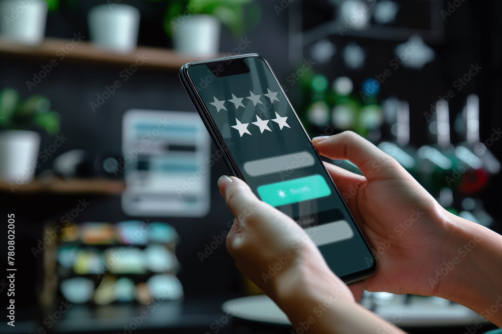 Customer Leaving a Three-Star Digital Rating on Smartphone Customer Leaving a Three-Star Digital Rating on Smartphone