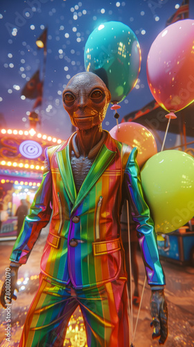 An alien with an intense look, wears a tailored rainbow gradient suit, standing in a carnival,