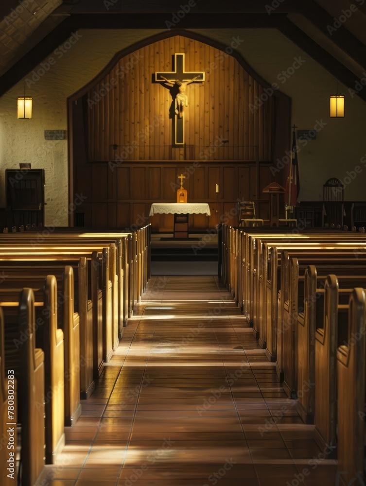 Serene Church Interior - Empty church pews leading to a lit altar with a cross backdrop.