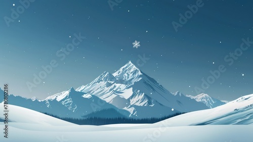 Serene Snowscape with Solitary Snowflake Amid Majestic Towering Mountain Peaks Under Starry Night Sky photo